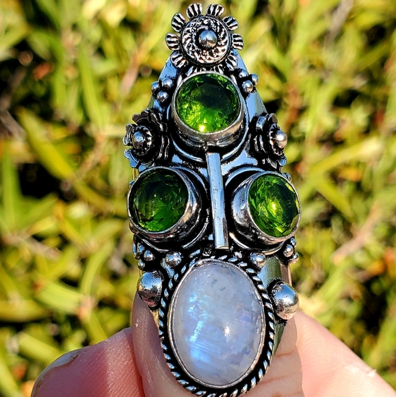 New Rainbow Moonstone & Peridot 925 Silver Statement Ring. - Picture 4 of 16